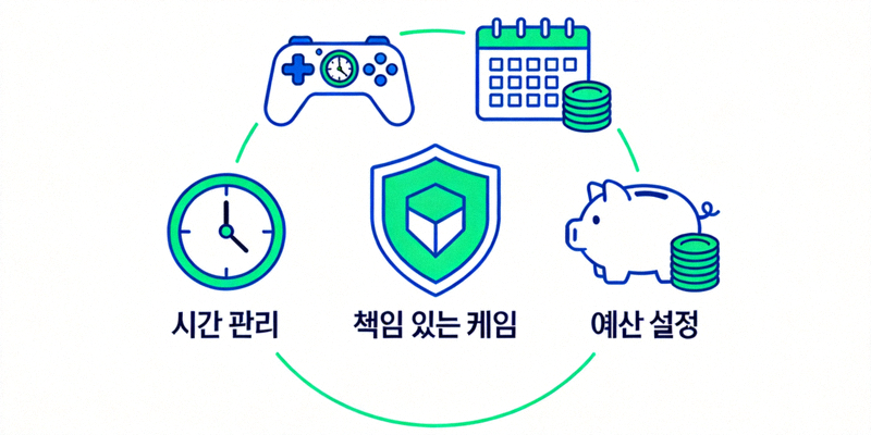 책임 있는 게임을 상징하는 다양한 아이콘과 시간 관리, 예산 설정을 강조하는 이미지