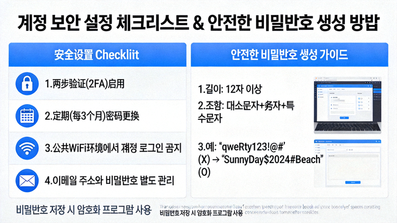 계정 보안 설정을 위한 체크리스트와 안전한 비밀번호 생성 방법 설명 이미지