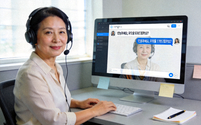 헤드셋을 쓴 고객지원 상담원과 라이브 채팅 창이 열린 모니터를 보여주는 이미지