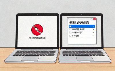 노트북 화면에 연결 오류 아이콘이 표시된 상황과 해결을 위한 설정 창을 나란히 보여주는 이미지