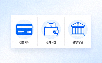 신용카드, 전자지갑, 은행 송금 등 다양한 입출금 옵션 아이콘을 나열한 이미지