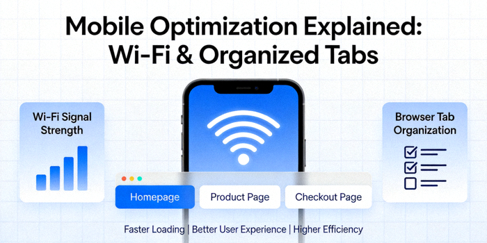 Wi-Fi 신호와 정리된 브라우저 탭을 통해 모바일 최적화를 설명하는 그래픽